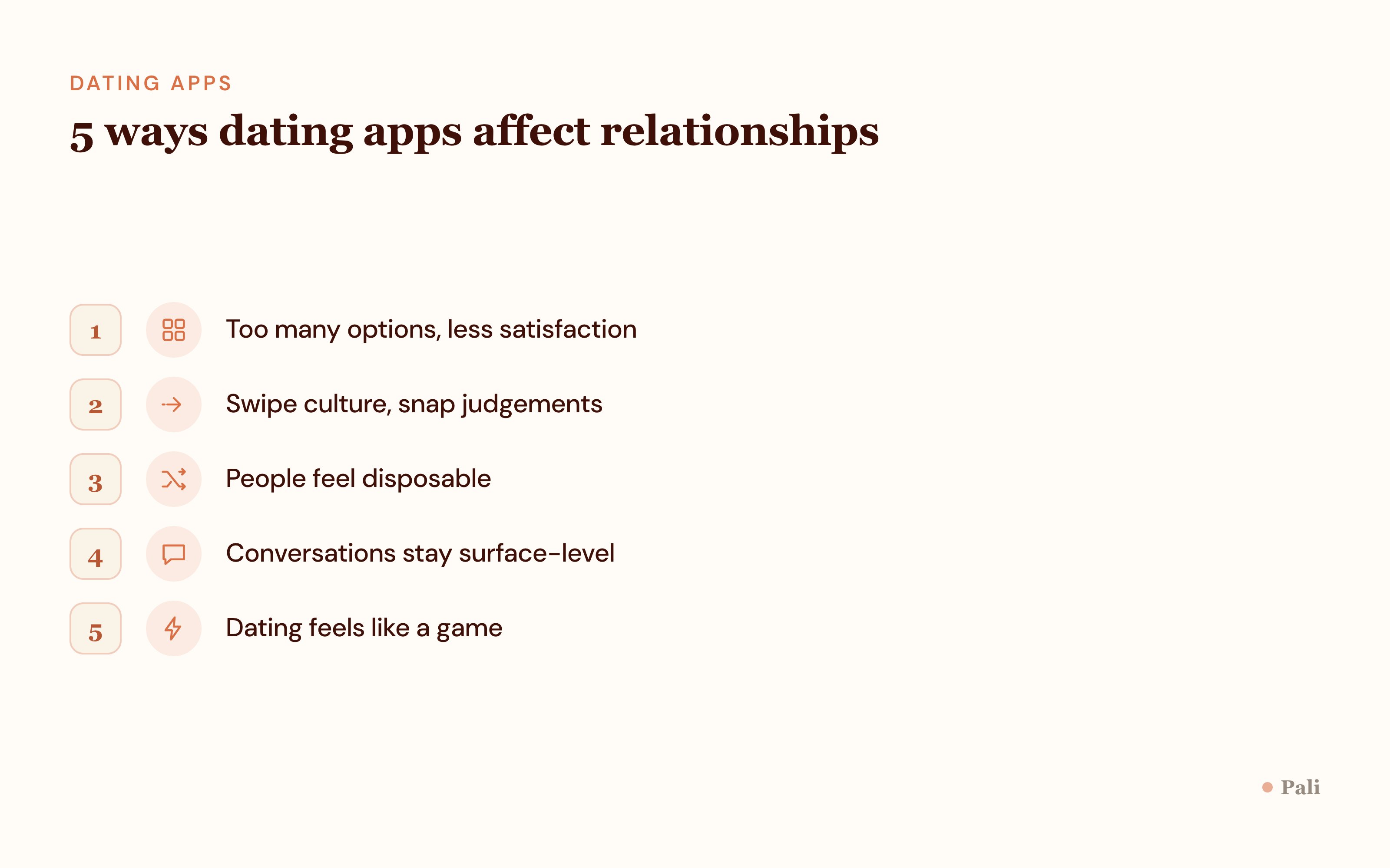 Five ways dating apps affect relationships: too many options and less satisfaction, swipe culture and snap judgements, people feel disposable, conversations stay surface-level, dating feels like a game.