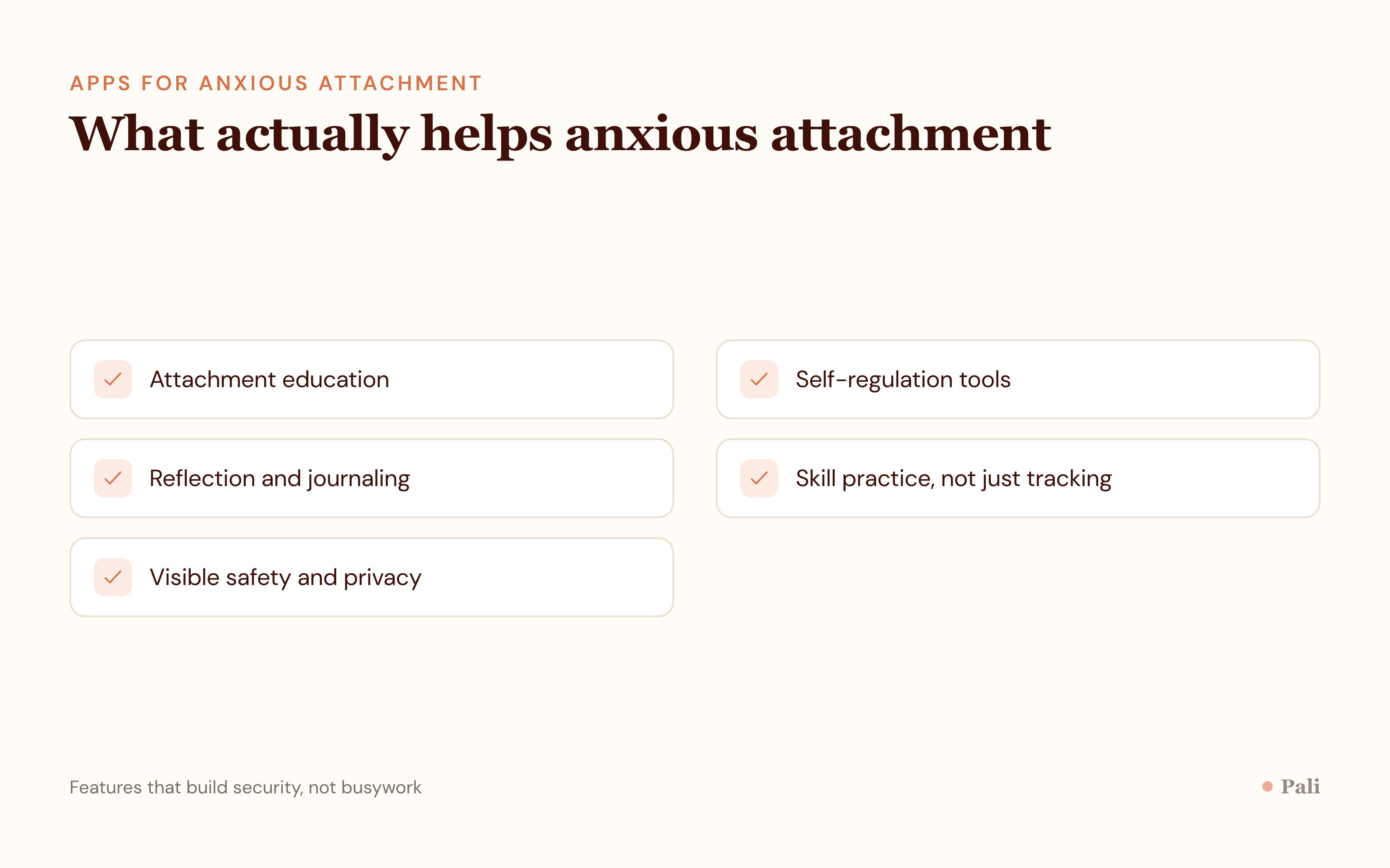 Checklist of features that help anxious attachment, including attachment education, self-regulation tools, reflection prompts, and crisis safety
