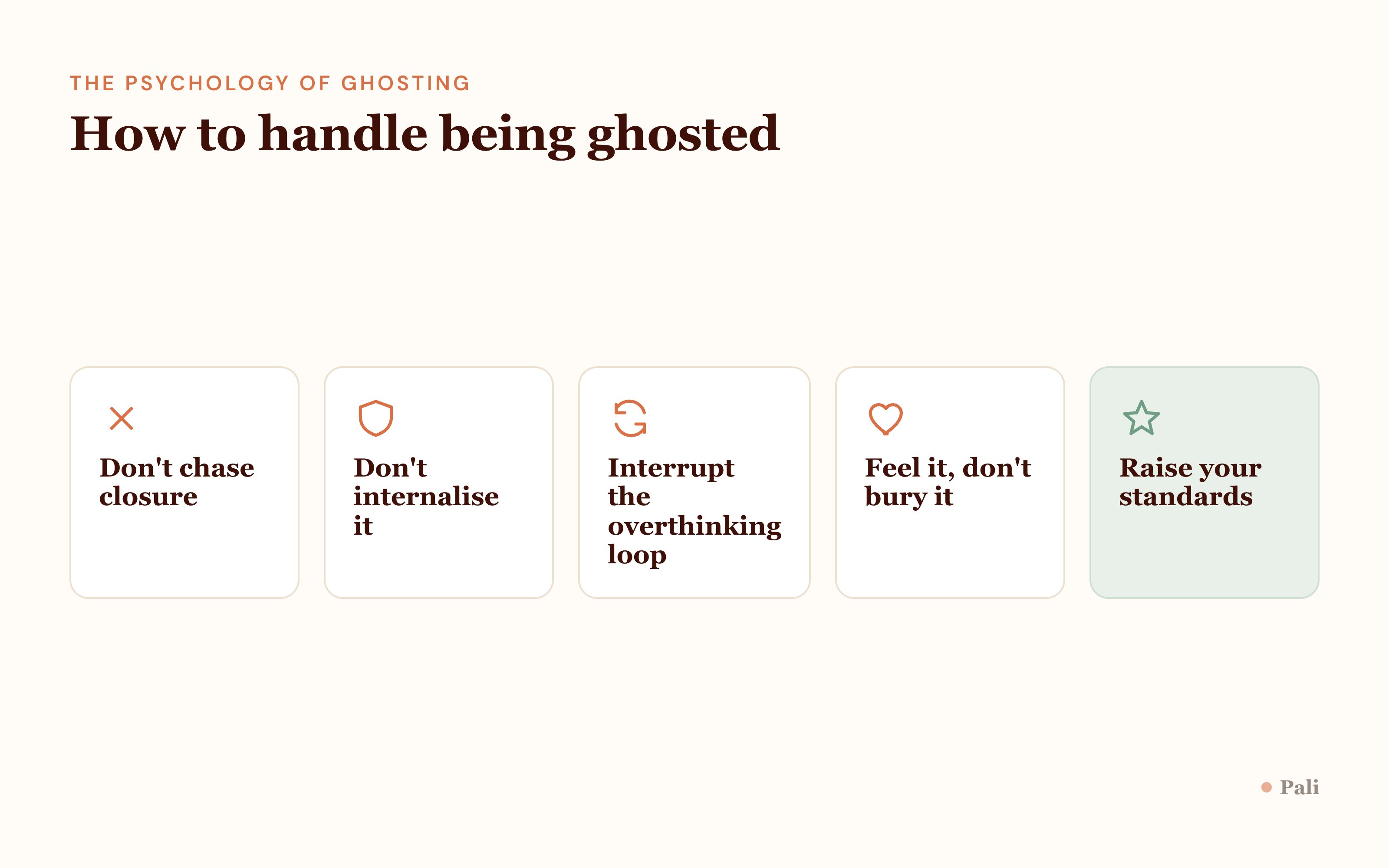 Five ways to handle being ghosted: do not chase closure, do not internalise it, interrupt the overthinking loop, feel it rather than bury it, raise your standards.