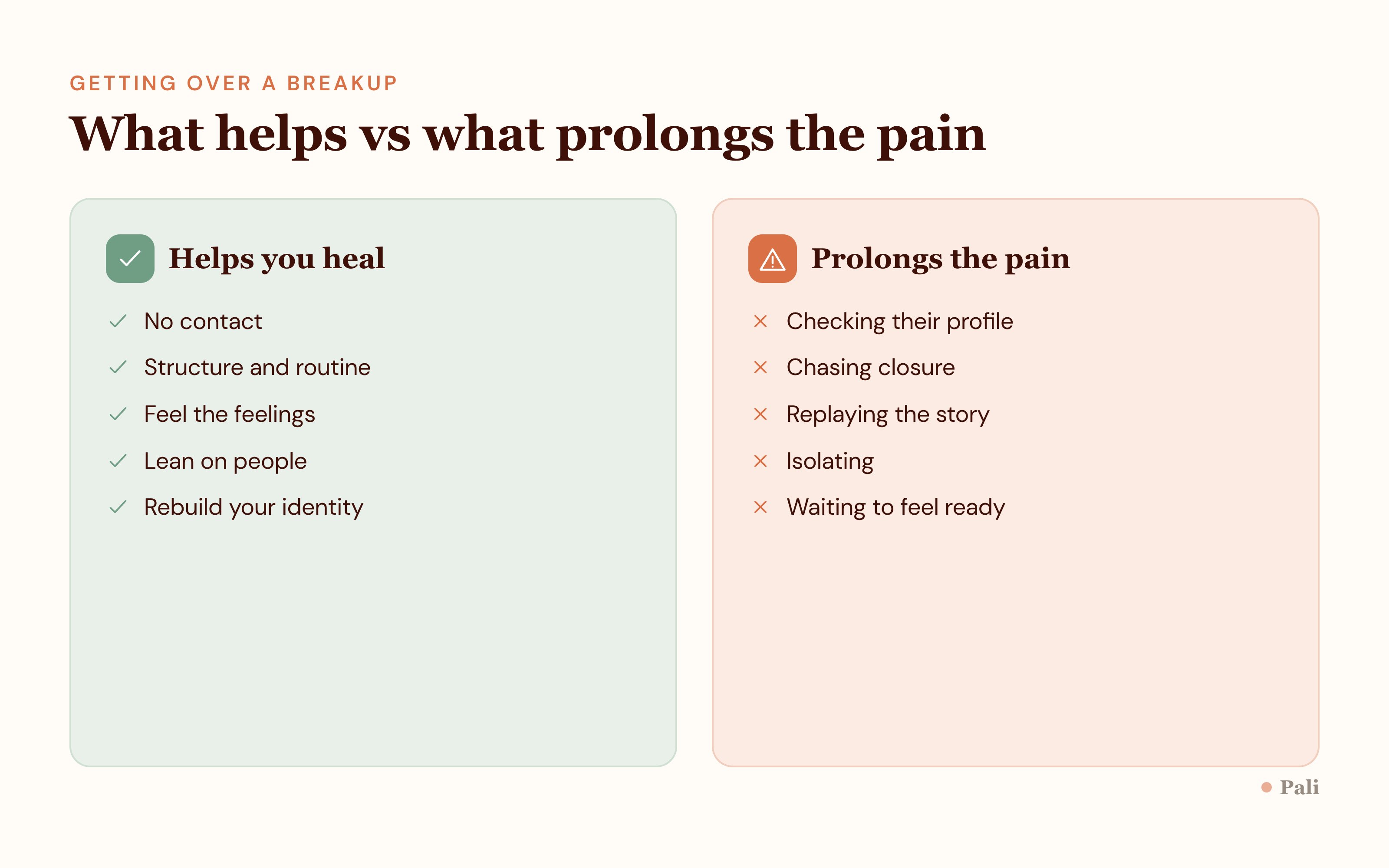 What helps you heal (no contact, structure and routine, feeling the feelings, leaning on people, rebuilding identity) versus what prolongs the pain (checking their profile, chasing closure, replaying the story, isolating, waiting to feel ready).