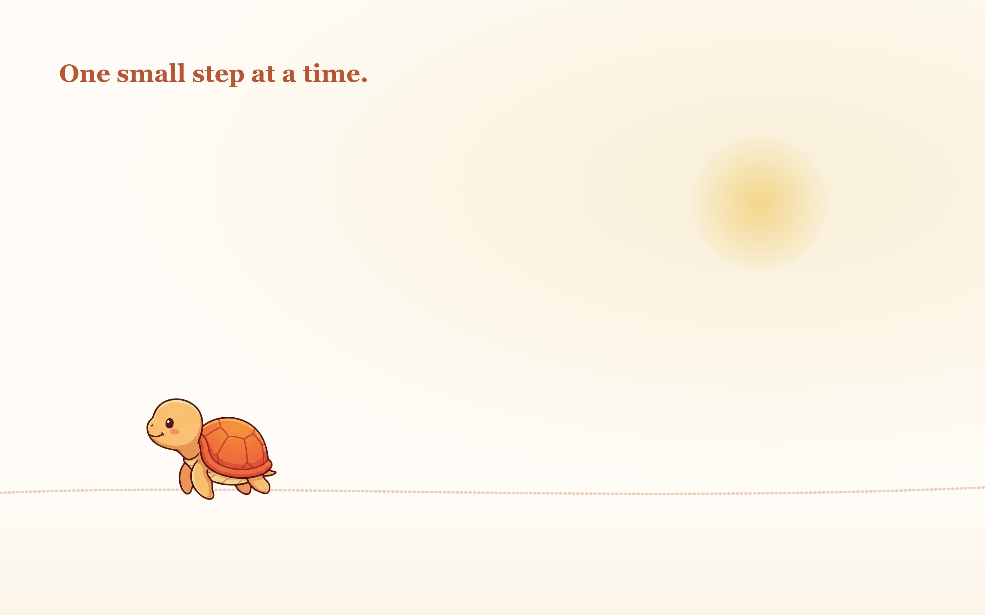 A calm illustration of the Pali turtle walking along a path toward a soft sunrise, with the words one small step at a time.