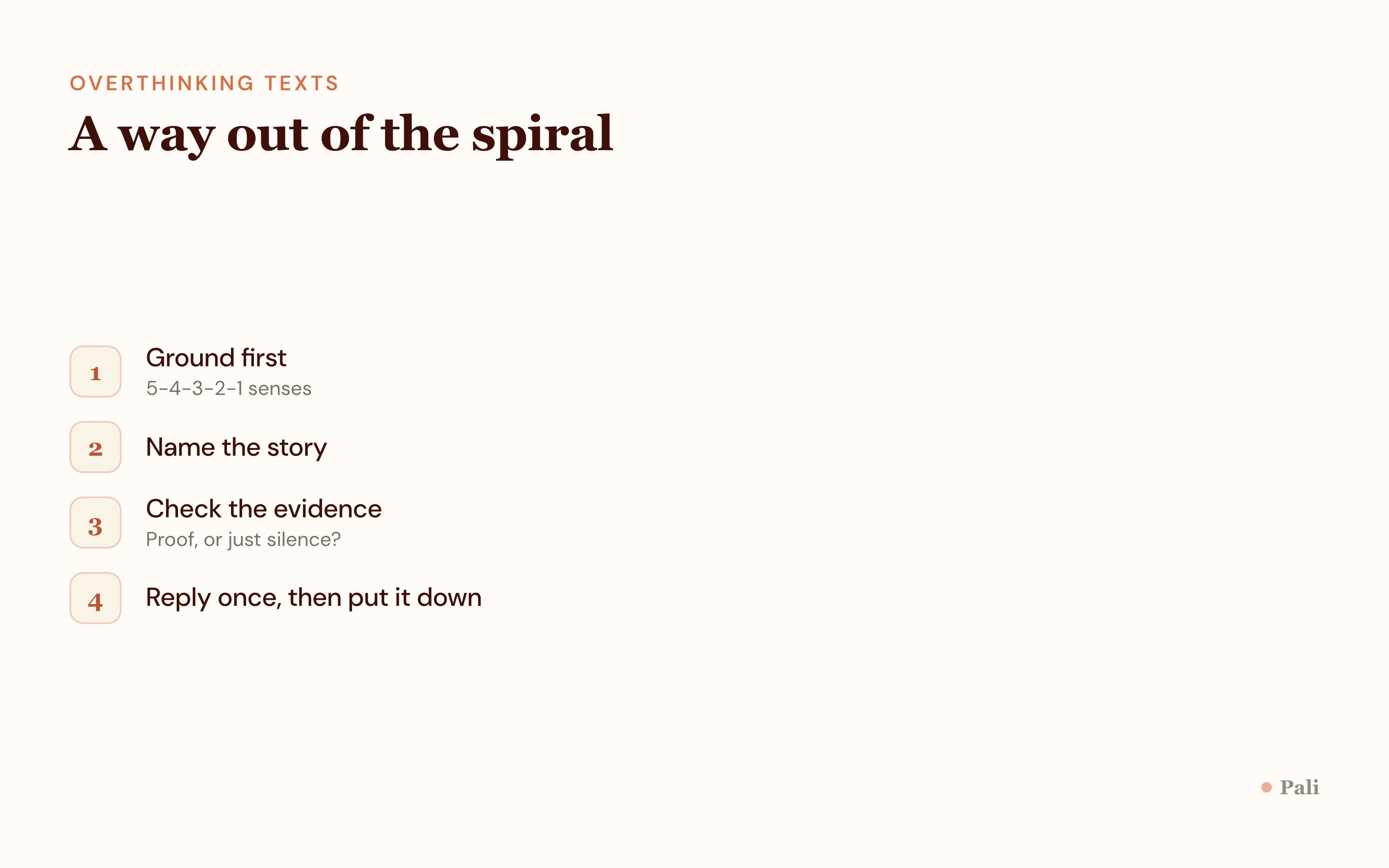 Step flow showing ground the body, name the story, check the evidence, then choose a reply, as a way out of the texting spiral