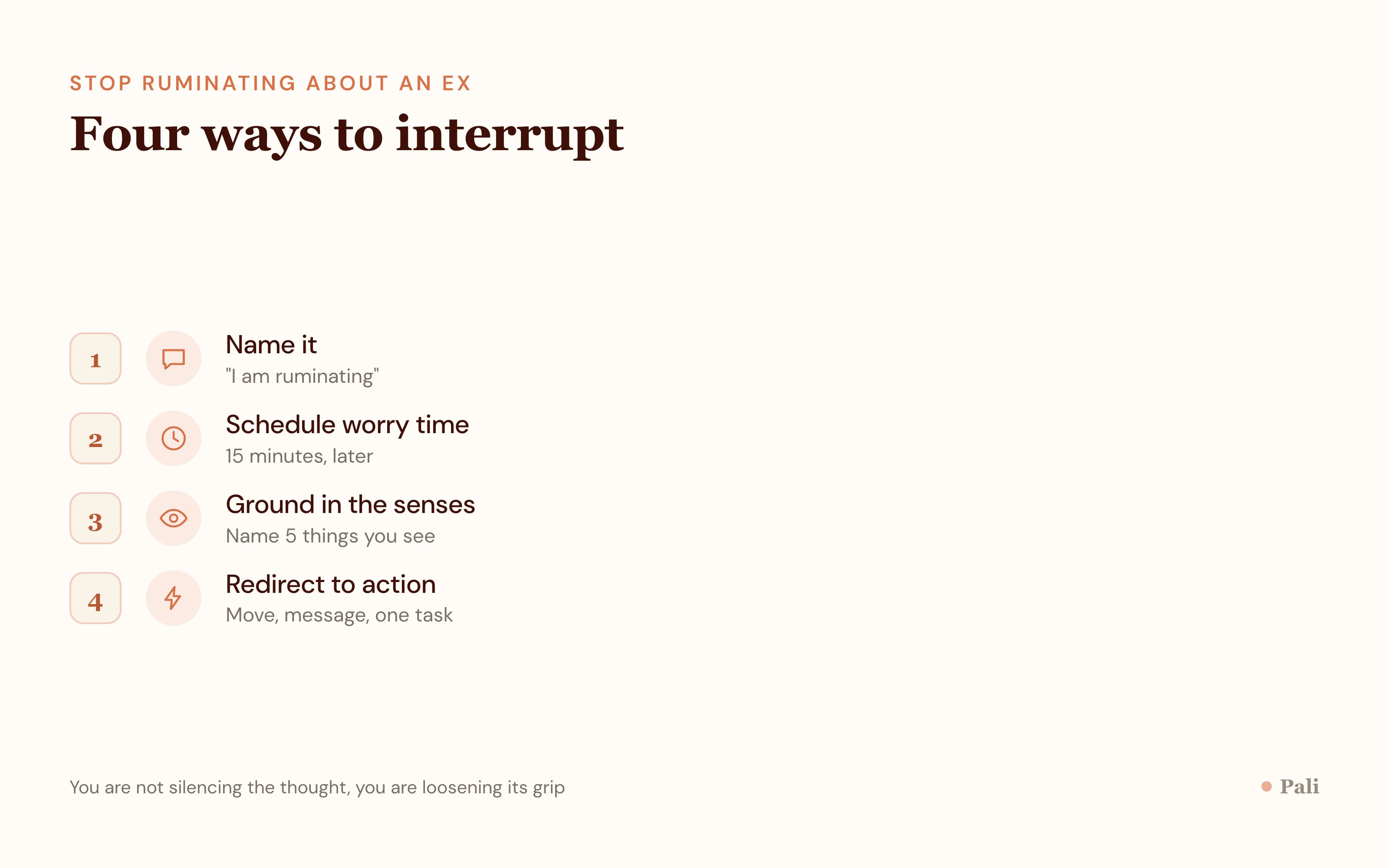 An icon list of four interrupt techniques: name the thought, schedule worry time, ground with the senses, and redirect to a small action