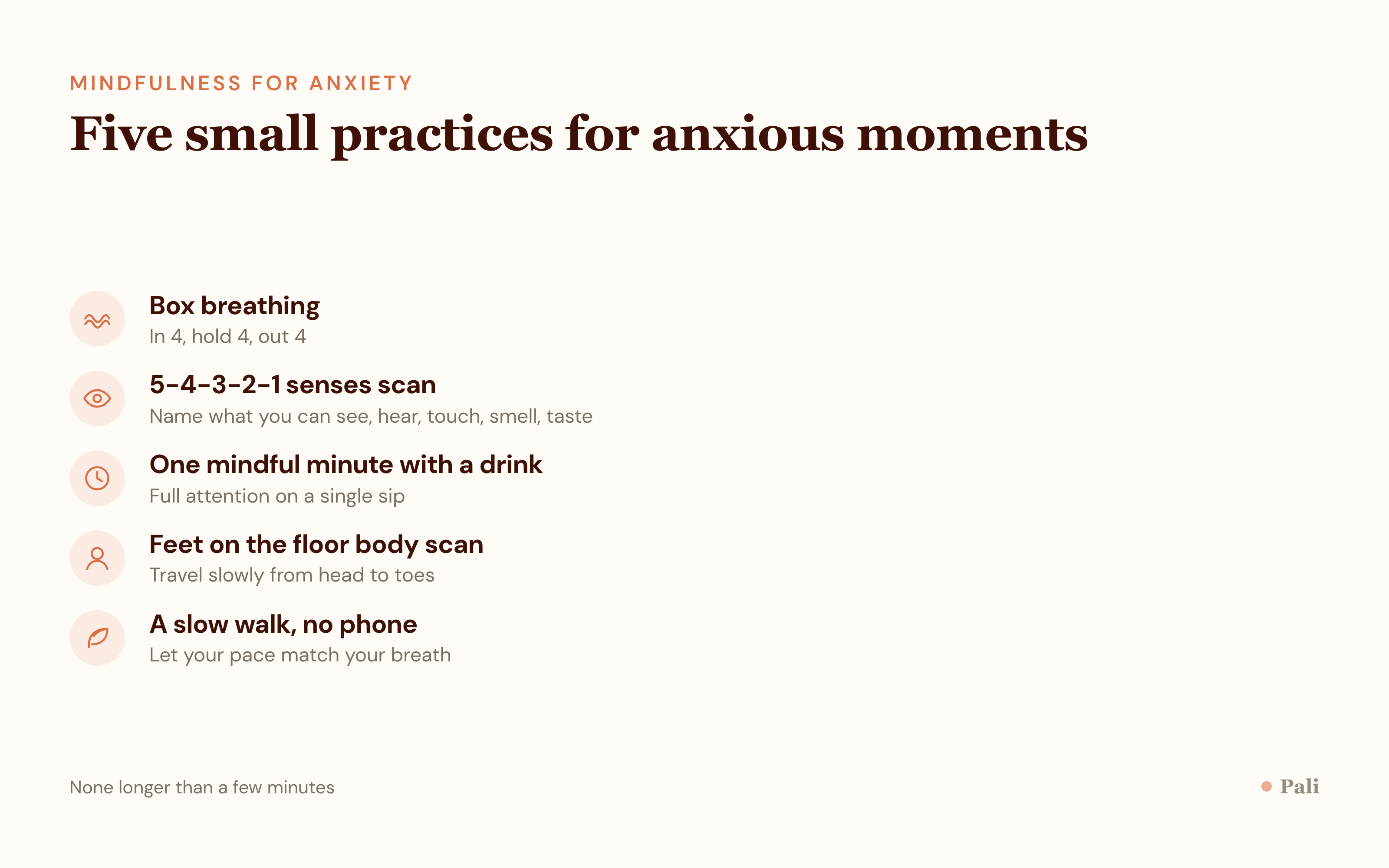 An icon list of five short mindfulness practices for anxious moments, each with a small line icon and a one line description.