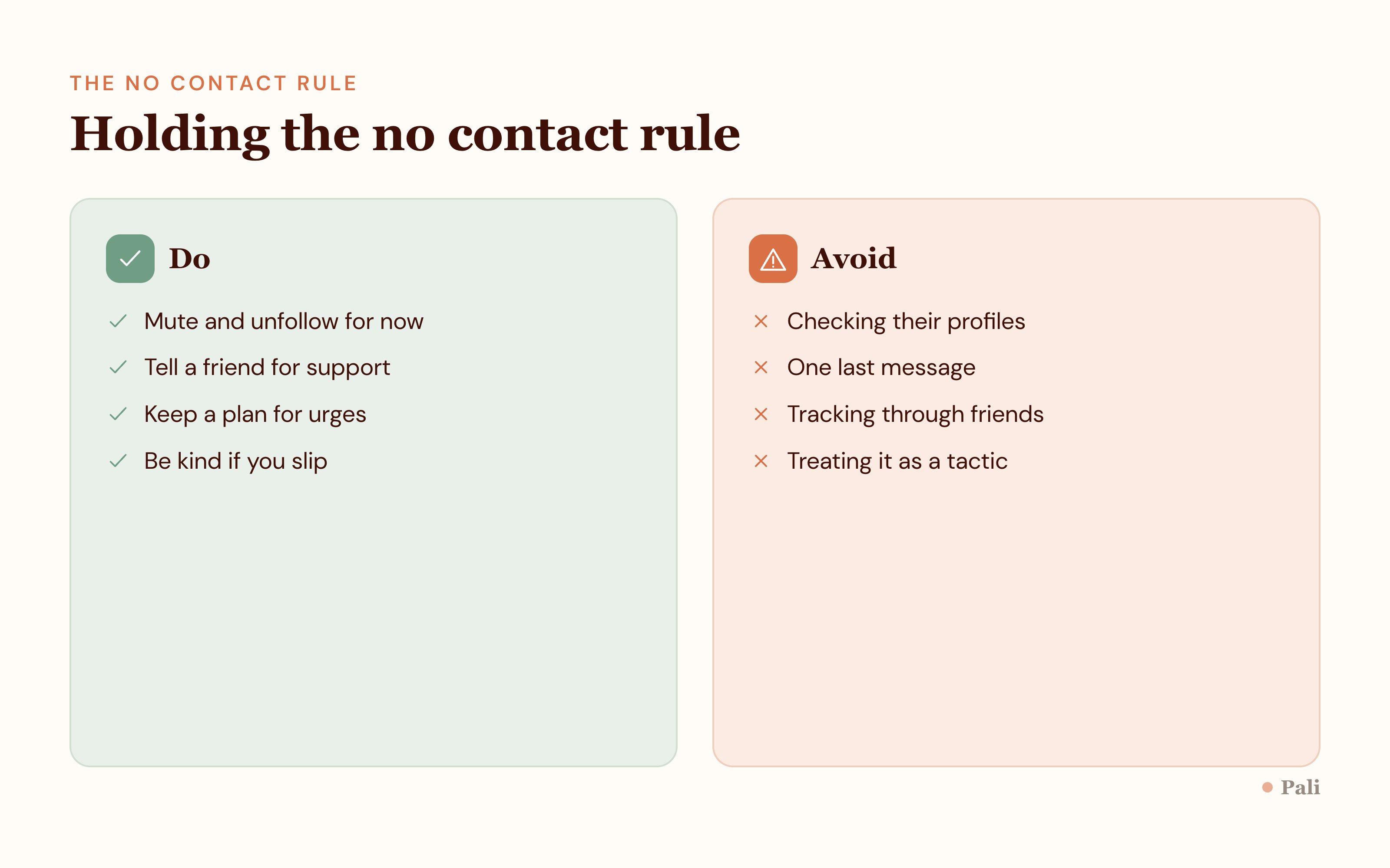 Two column do and do not list for the no contact rule, covering messaging, social media, mutual friends, and self-care