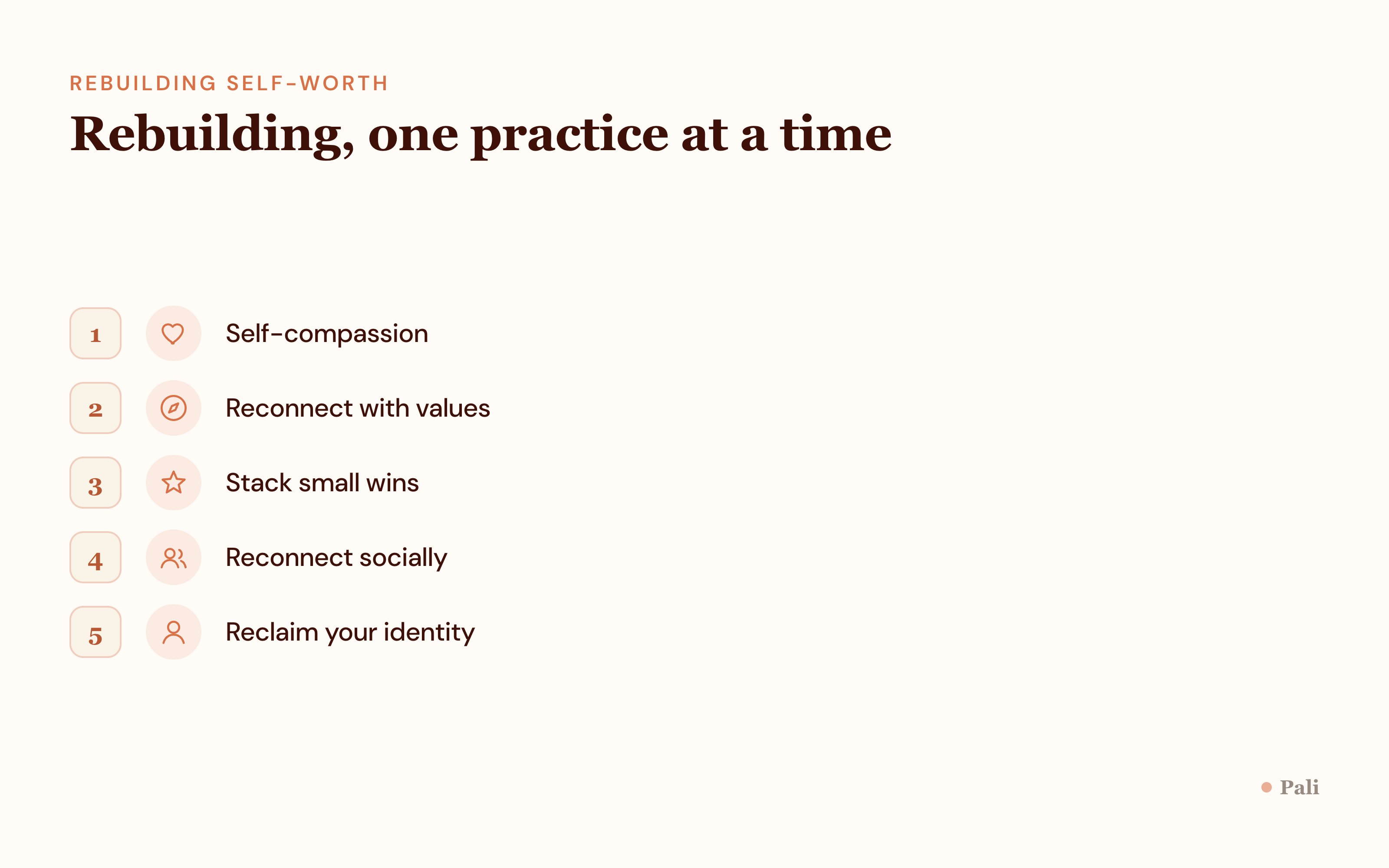Step flow of practices to rebuild self-worth after a breakup: self-compassion, reconnect with values, small wins, reconnect socially, and reclaim identity
