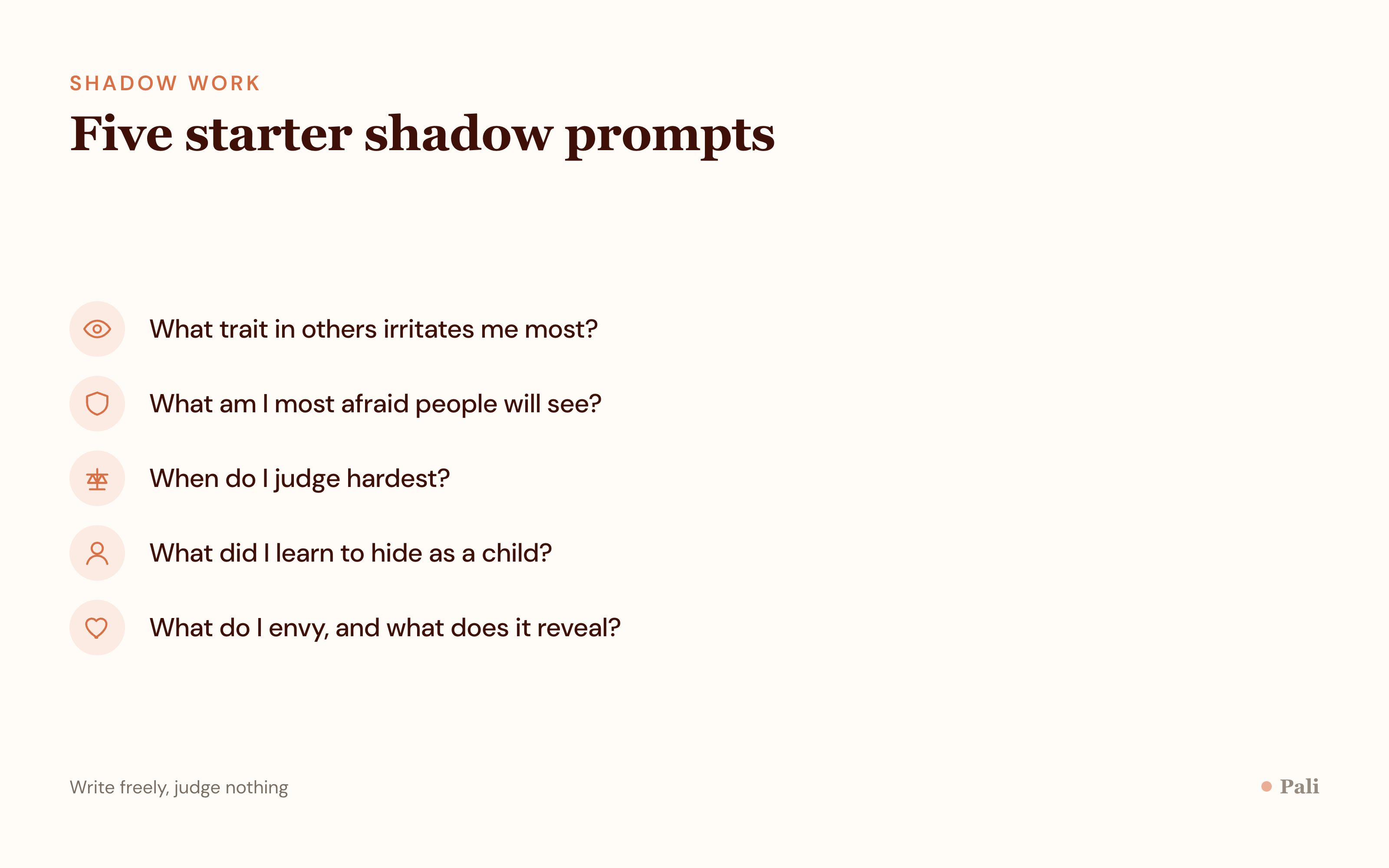 An icon list of five starter shadow work journal prompts, each with a small line icon and a short reflective question.